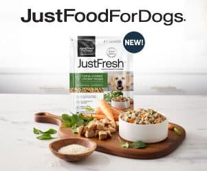 JustFoodForDogs JustFresh package beside a bowl of fresh dog food