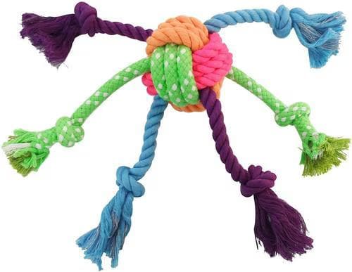 Frisco Fetch Colorful Ball Knot Rope Dog Toy in green, orange, pink, blue, and purple