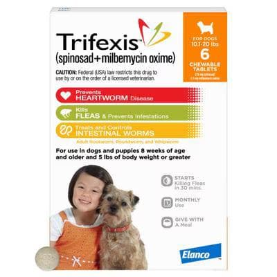 Trifexis Chewable Tablet for Dogs box, 10.1 to 20 pounds, spinosad and milbemycin oxime, 6 chewable tablets