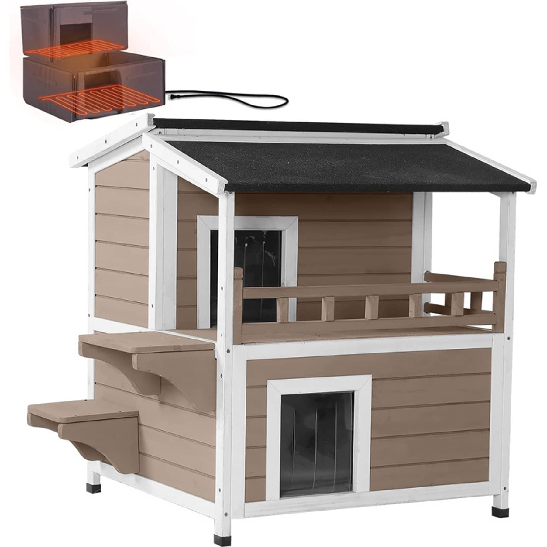 Aivituvin AIR33-B-IN-HP 2-Story Outdoor Heated Cat House with Adjustable Heating Pad, Brown, Medium