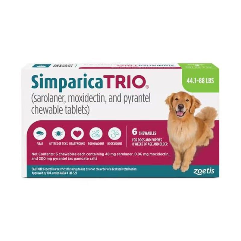 Simparica Trio chewable tablets for dogs 44.1 to 88 lbs, green box, six month supply