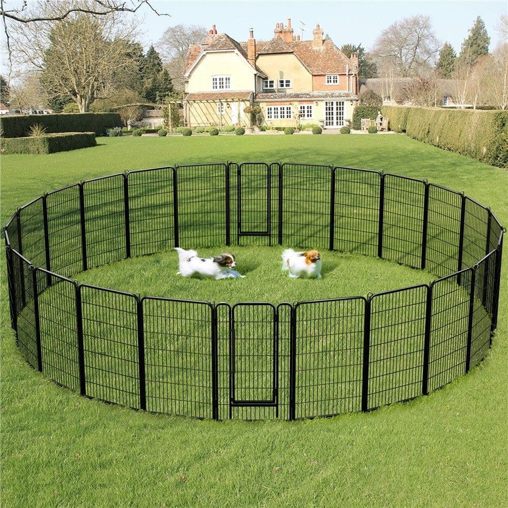 Black Yaheetech playpen arranged in a large enclosure on a lawn