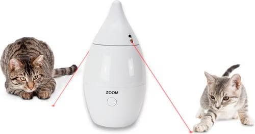 Two cats chasing red laser dots projected by the white PetSafe Zoom rotating laser cat toy