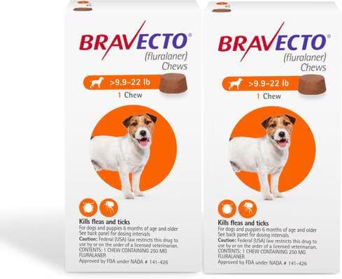 Bravecto Chew for Dogs box, 9.9 to 22 pounds, fluralaner flea and tick chews