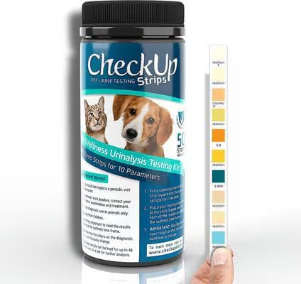 CheckUp at-home pet urinalysis testing kit with color comparison strip chart