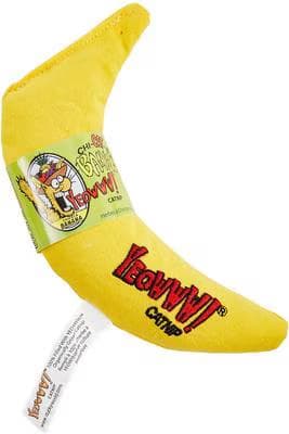Yellow Yeowww! catnip-stuffed banana cat toy with red logo lettering