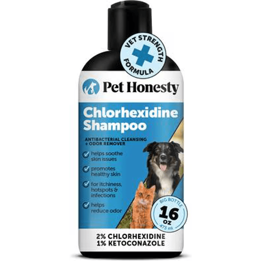 Pet Honesty medicated dog shampoo bottle with 2% chlorhexidine and 1% ketoconazole