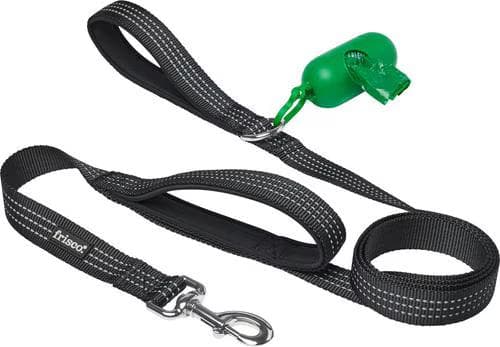 Frisco Traffic Leash with dual padded handles and green poop bag dispenser in black