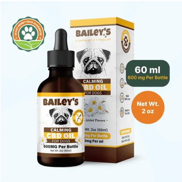 Bailey's Calming CBD Oil for Dogs 60 ml dropper bottle and box