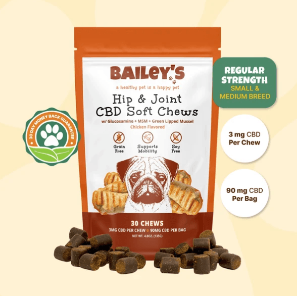 Bailey's Hip & Joint CBD Soft Chews bag with chicken-flavored soft chews