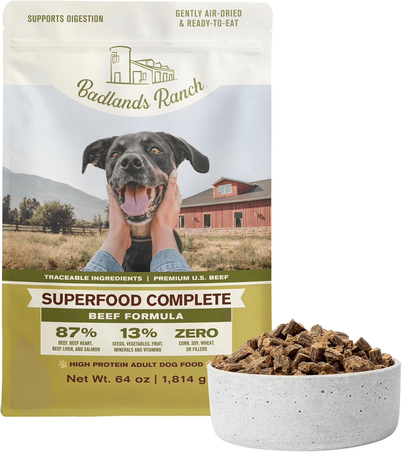Badlands Ranch Superfood Complete Beef Formula in earlier 64-ounce packaging