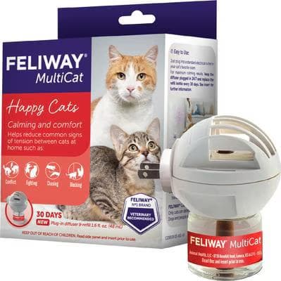 Feliway MultiCat 30 day starter kit box beside its plug-in calming pheromone diffuser and refill bottle
