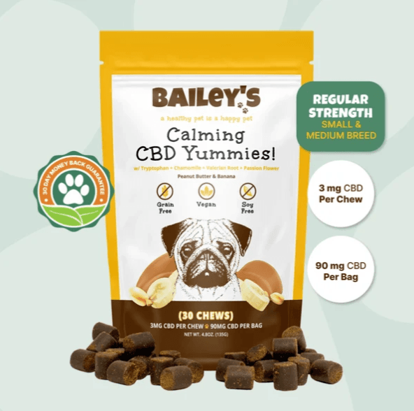 Bailey's Calming CBD Yummies bag with peanut butter and banana soft chews