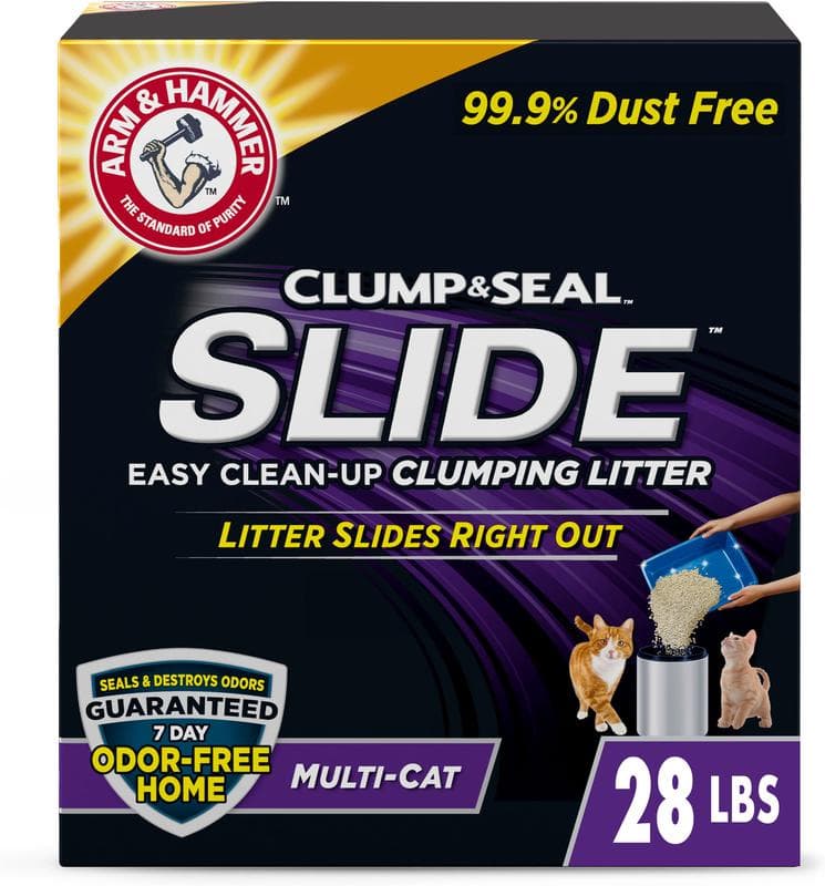 Arm and Hammer Clump and Seal Slide Easy Clean-Up Multi-Cat clumping litter, 28-pound black and purple box, 99.9 percent dust free