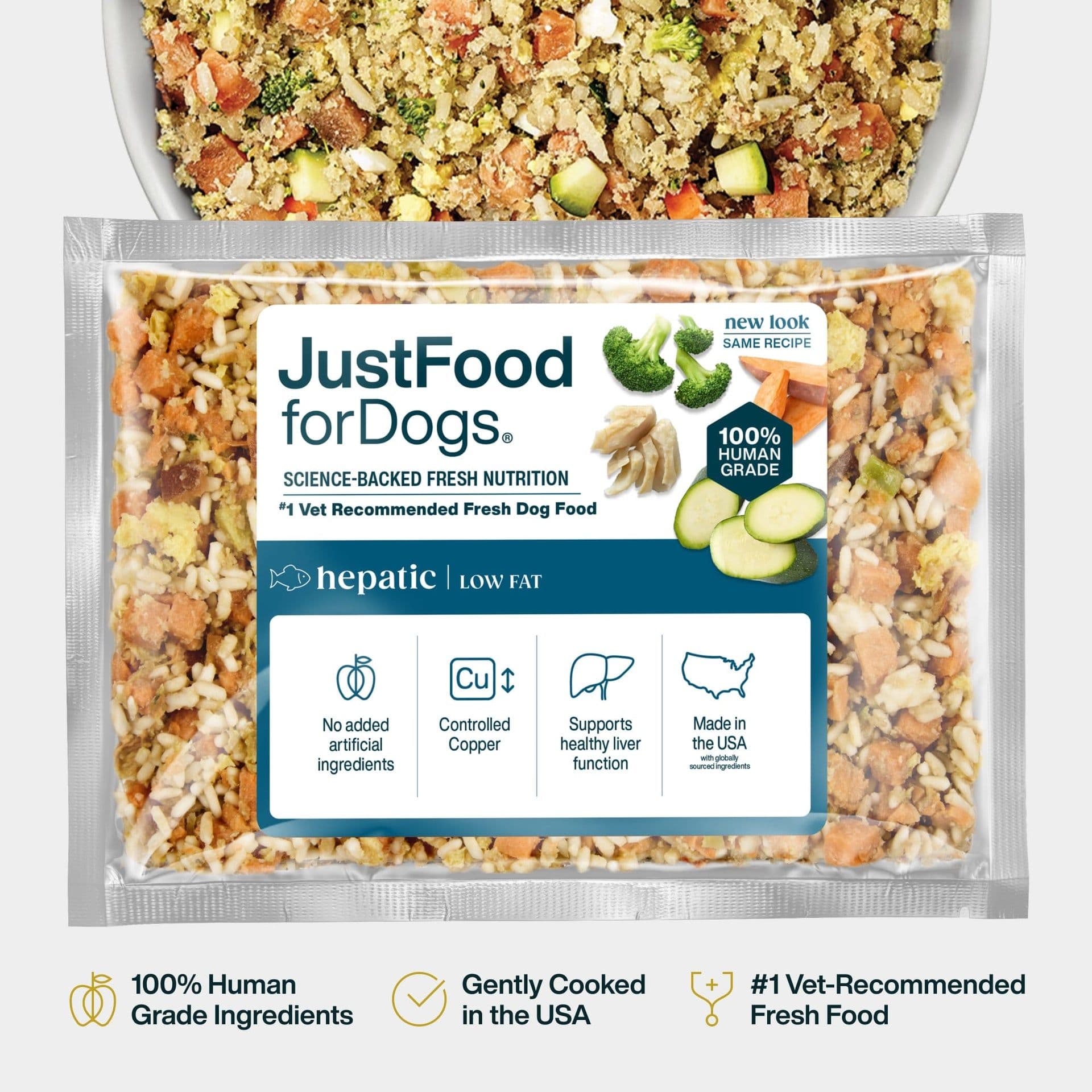 JustFoodForDogs Hepatic Support Low Fat package and prepared meal