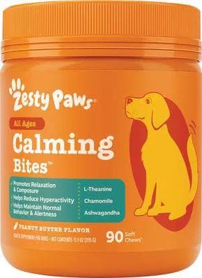 Zesty Paws Hemp Calming Bites peanut butter soft chews for dogs, 90-count tub