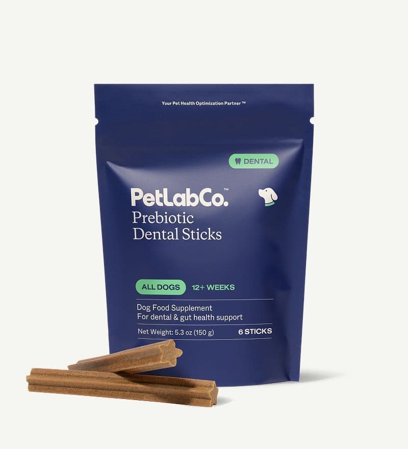 PetLab Co Prebiotic Dental Sticks pouch for dogs with two ridged dental sticks