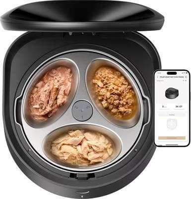 Petlibro Polar black smart wet food feeder with three chilled compartments and app