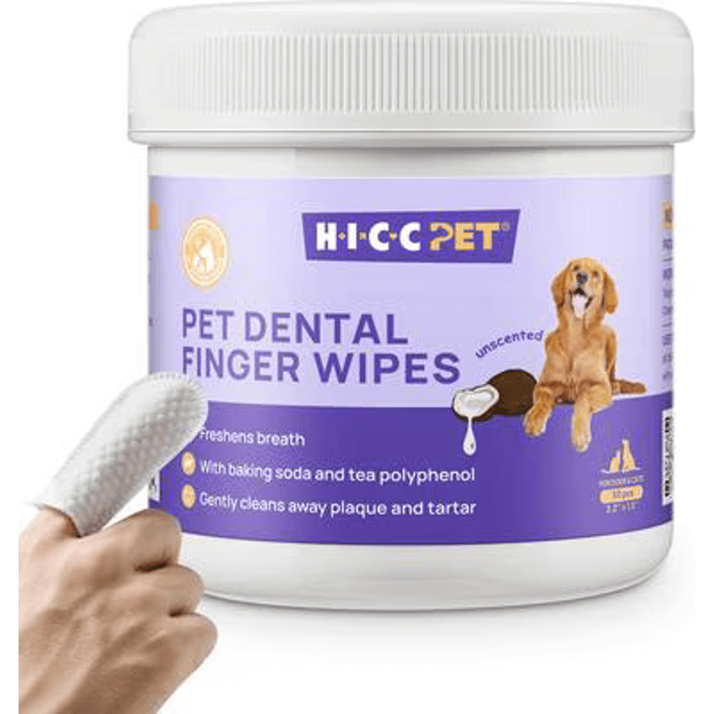 HICC PET dental finger wipes tub with a textured wipe on a fingertip