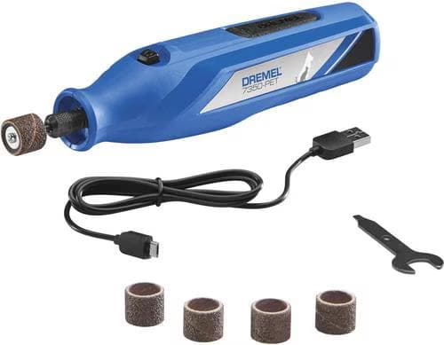Dremel 7350-PT cordless rotary nail grinder kit in blue with sanding bands