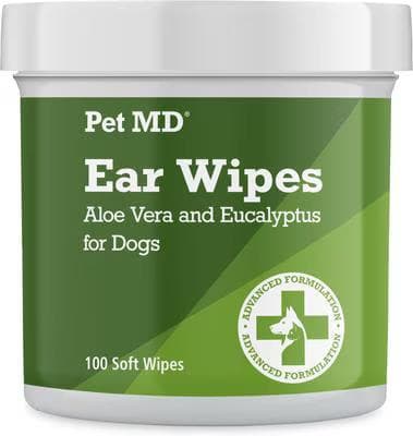 Pet MD Aloe Vera and Eucalyptus Dog Ear Wipes container, 100 soft wipes