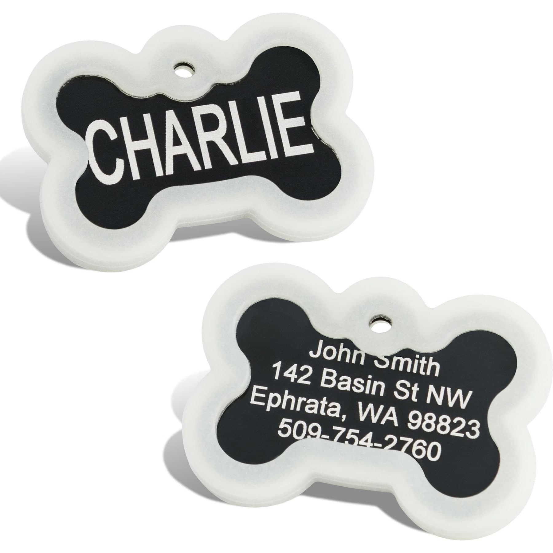 GoTags Anodized Aluminum Personalized Silencer Dog ID Tag, Bone, Black, Regular