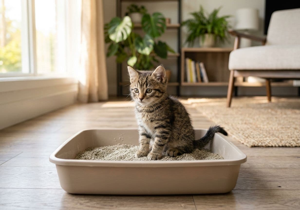 Small tabby kitten sitting in a low traditional plastic litter pan in a bright sunlit home