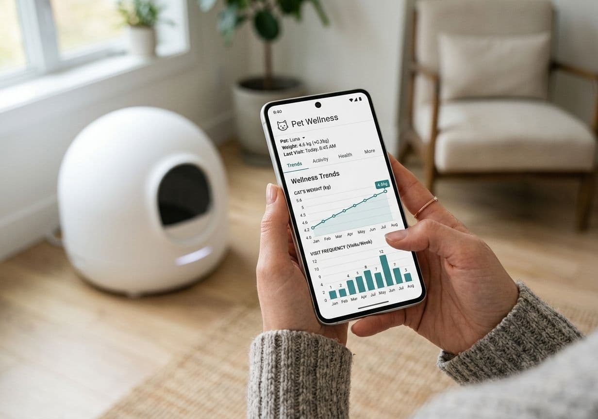 Smartphone displaying a pet-tracking app with cat weight trend and visit-frequency graph next to a modern automatic self-cleaning litter box