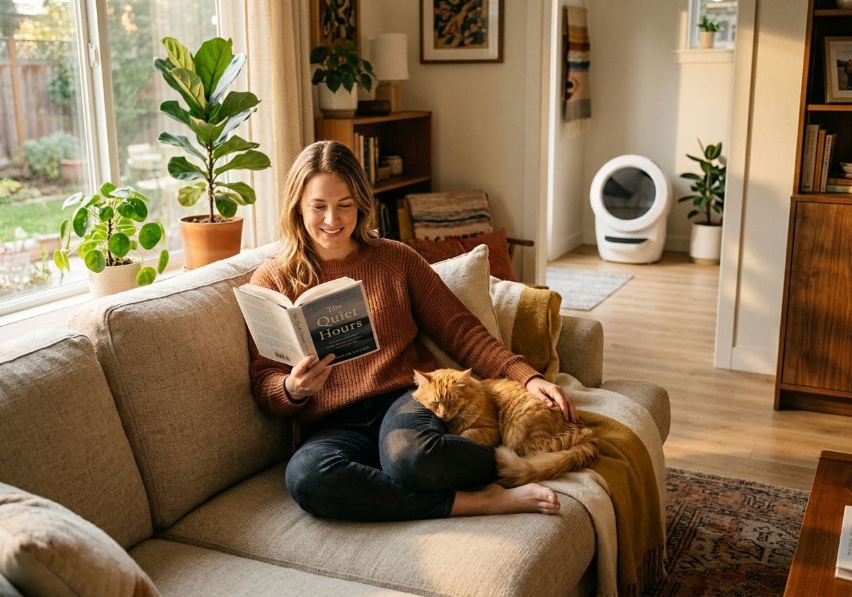 Cat owner relaxing on a couch with a sleeping orange tabby cat, modern automatic litter box visible in the background through an open doorway