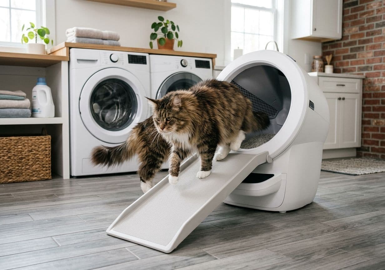 Large fluffy Maine Coon senior cat stepping up an entry ramp into a modern white automatic self-cleaning litter box