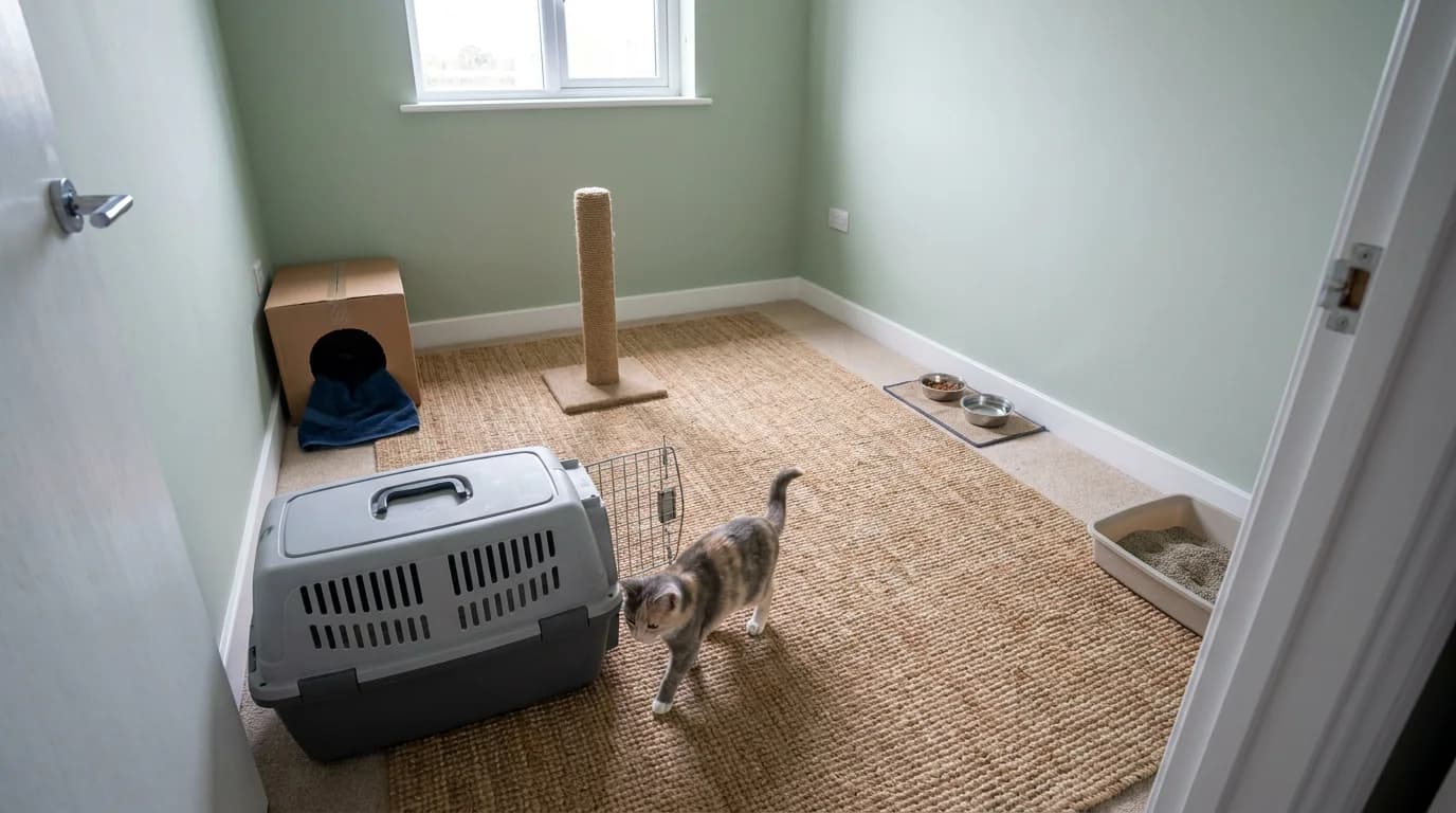 A cat leaving its carrier in a prepared room with a hiding box, scratching post, food and water dishes, and litter tray