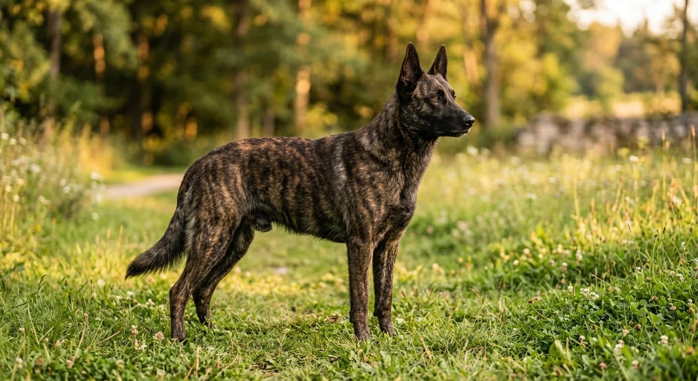 A Dutch Shepherd dog with dark brindle coat, often confused with a black Belgian Malinois