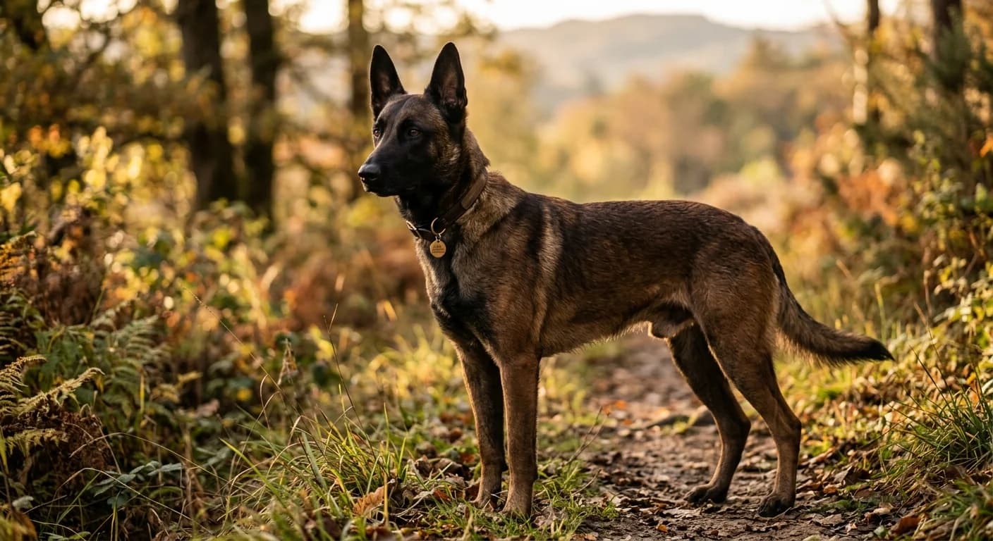 A heavily sabled Belgian Malinois with dense black guard hairs over a mahogany base