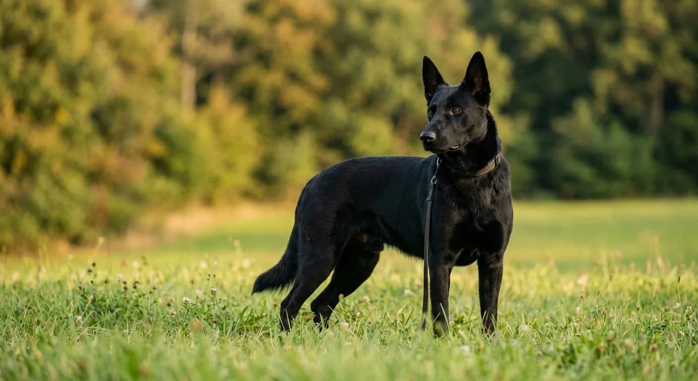 A solid black working-dog mix often sold as 'black Belgian Malinois'