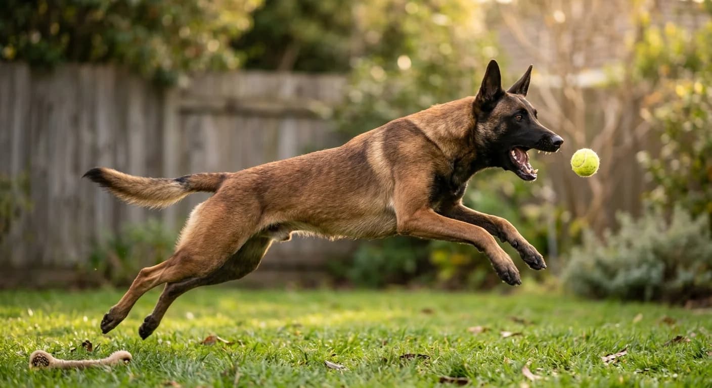 A Belgian Malinois leaping toward a tennis ball during a high-energy fetch session