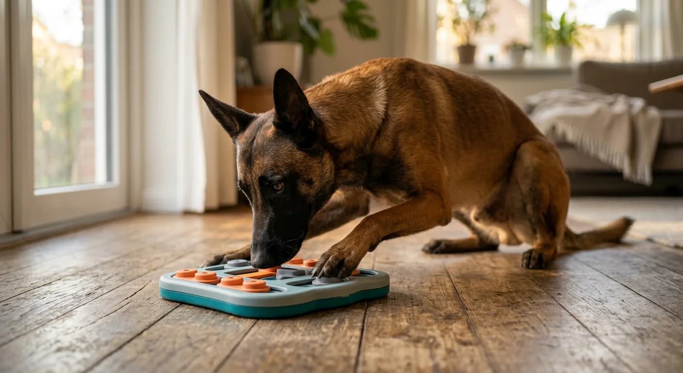 A Belgian Malinois deeply focused on a puzzle feeder toy