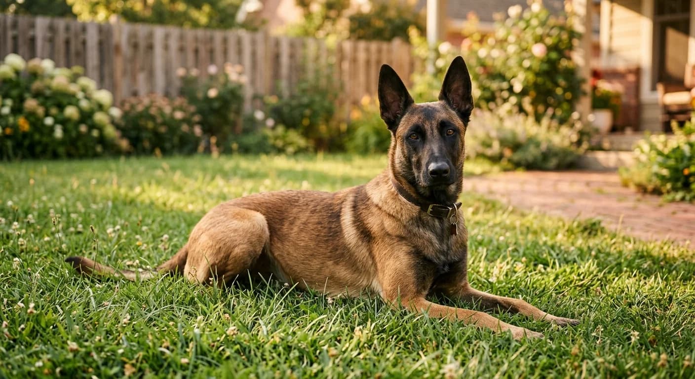 An adult Belgian Malinois lying calmly on grass in a suburban backyard