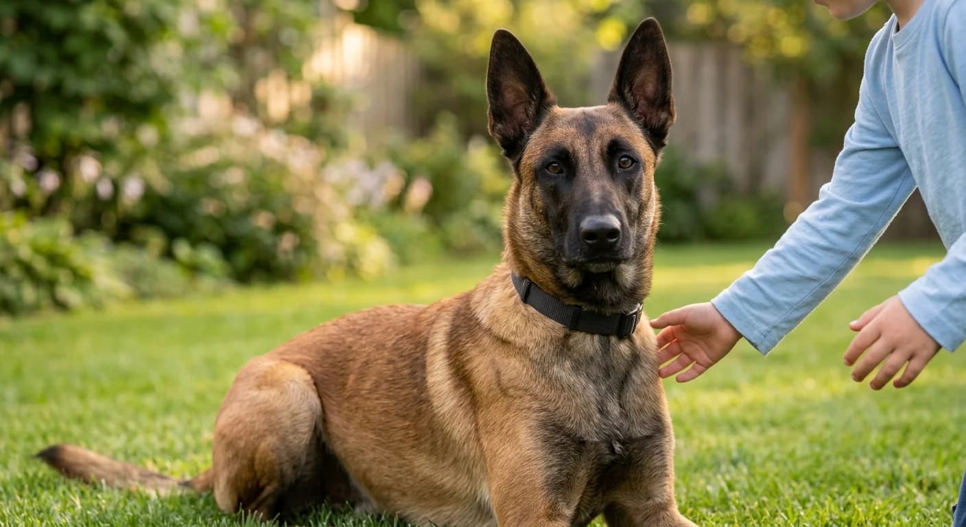 An adult Belgian Malinois sitting calmly next to a child's reaching hand