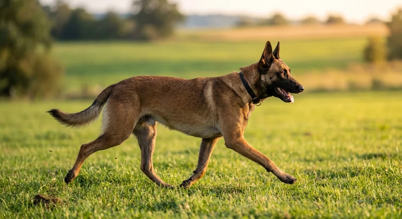 A Belgian Malinois trotting with strong even gait across green grass
