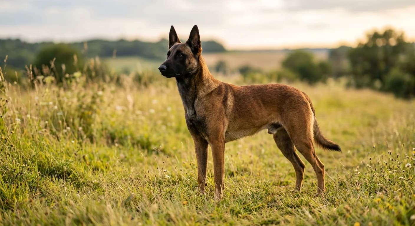 A healthy adult Belgian Malinois standing in peak condition on a grassy meadow