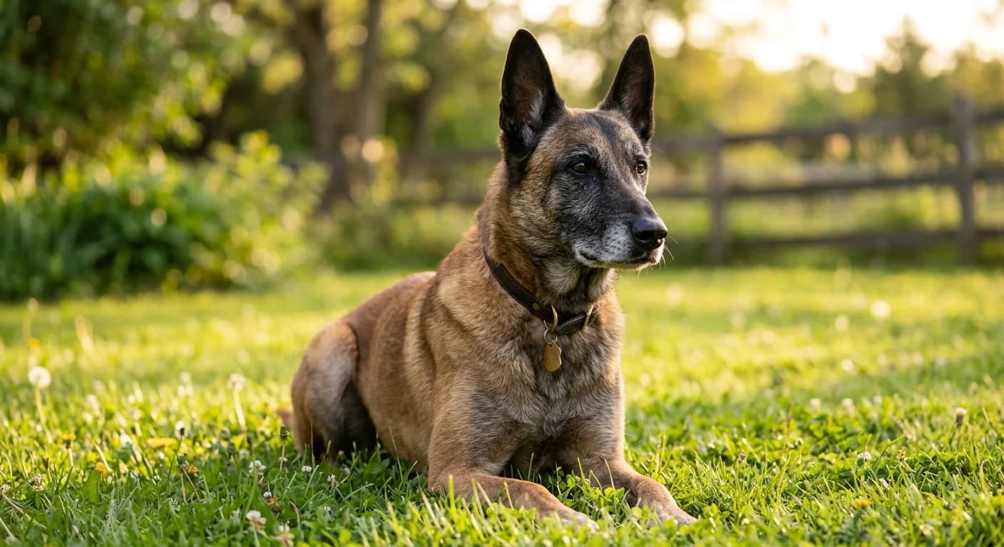 A senior Belgian Malinois with slight graying around the muzzle, calm dignified expression