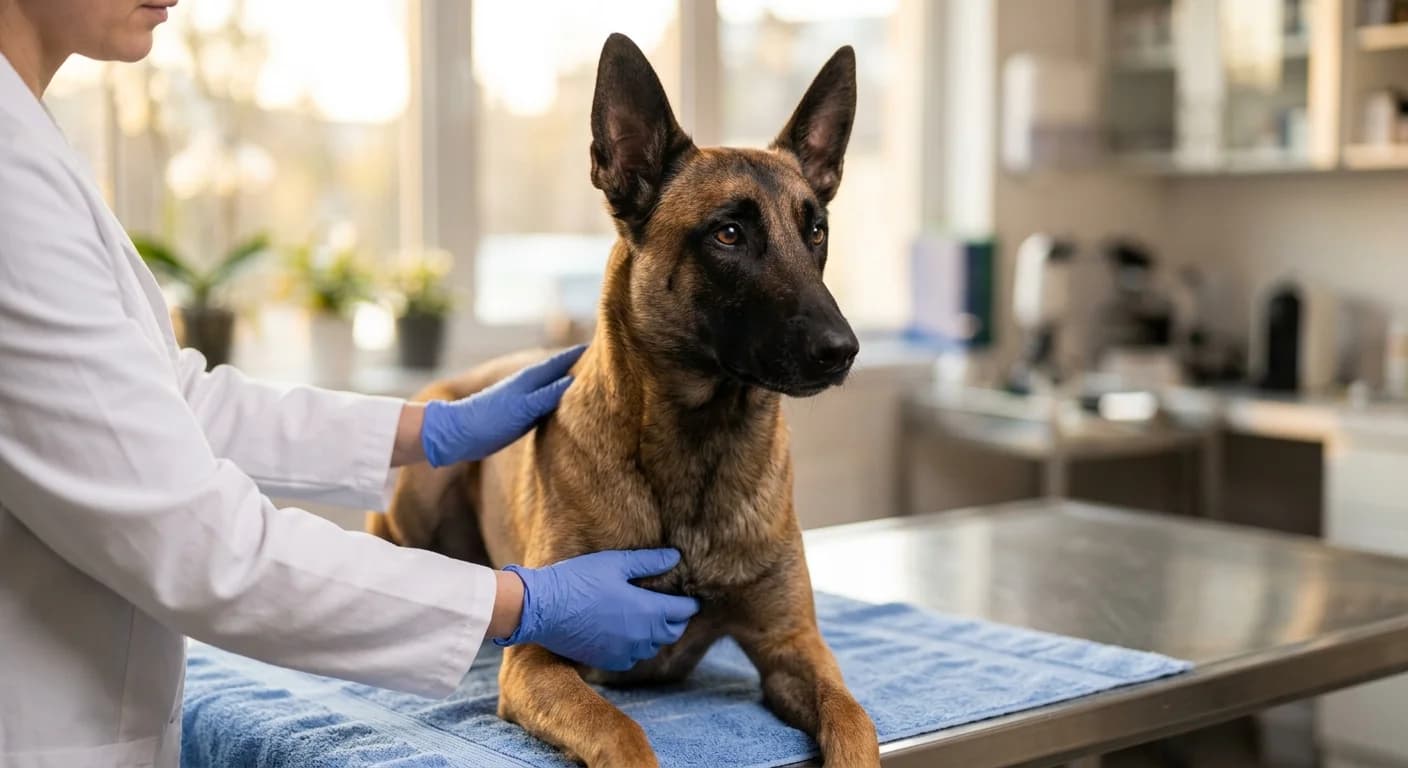 A Belgian Malinois being calmly examined by a veterinarian on a clinical exam table