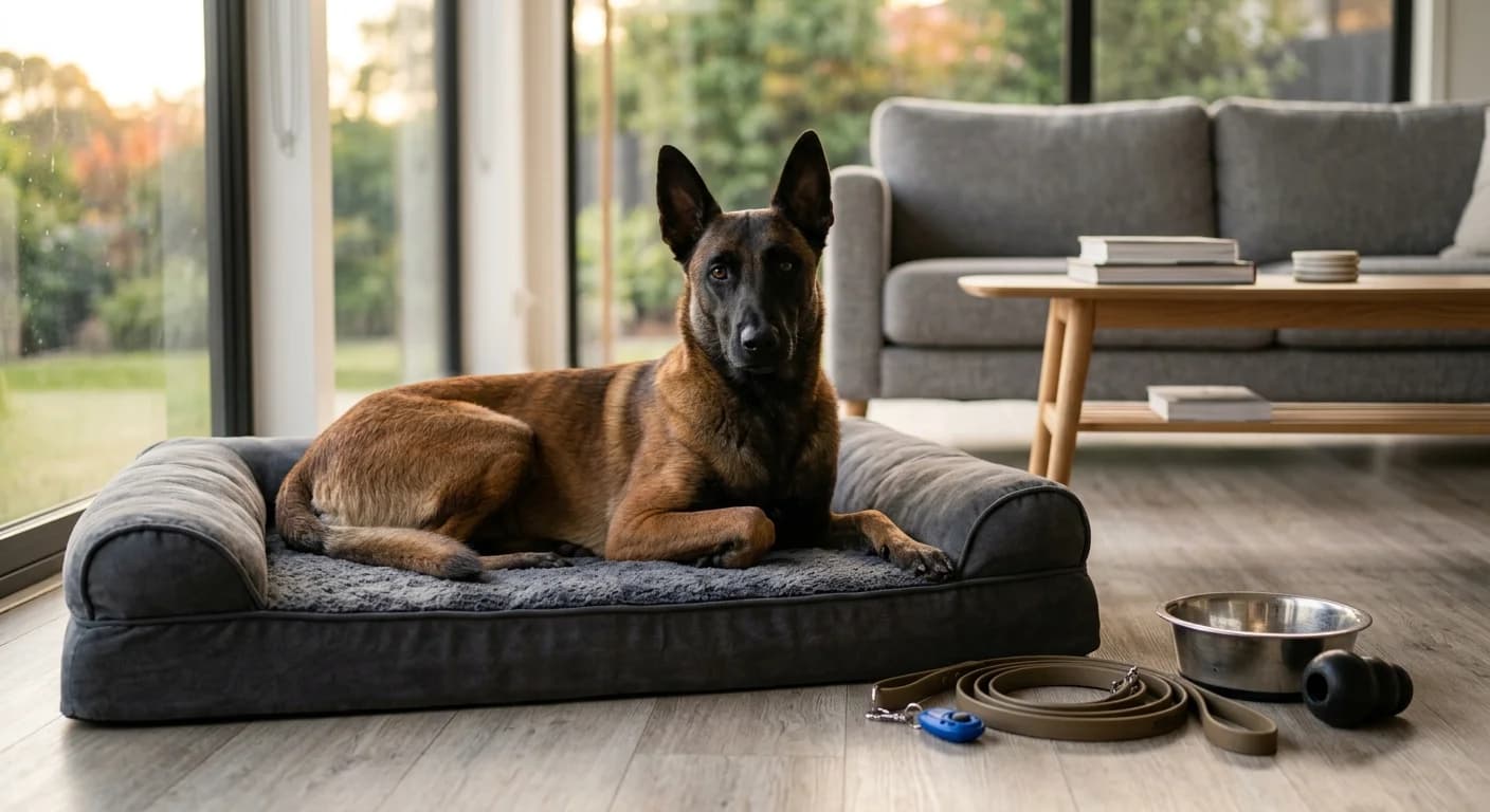 Belgian Malinois lying on a dog bed with leash and training gear arranged nearby