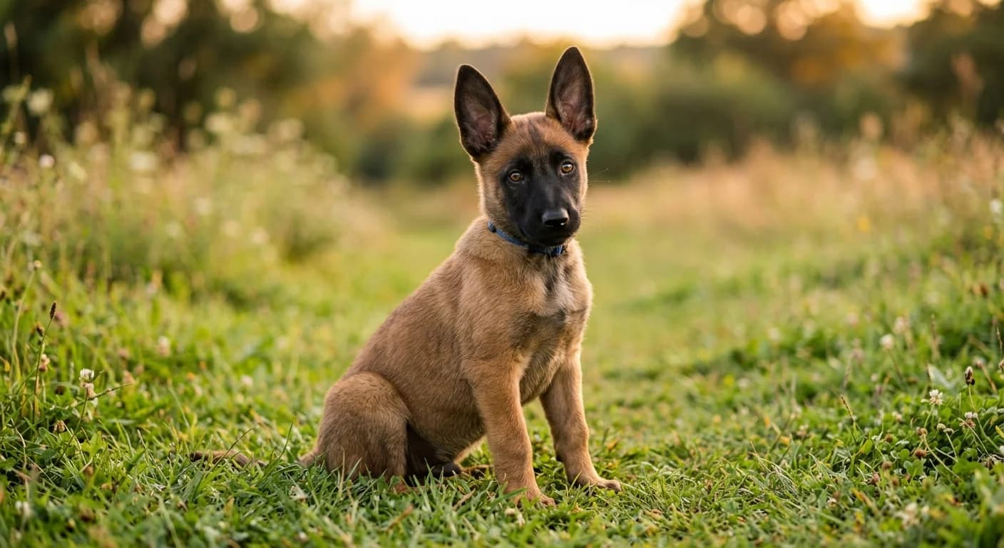 A 12-week-old Belgian Malinois puppy sitting on grass with curious expression