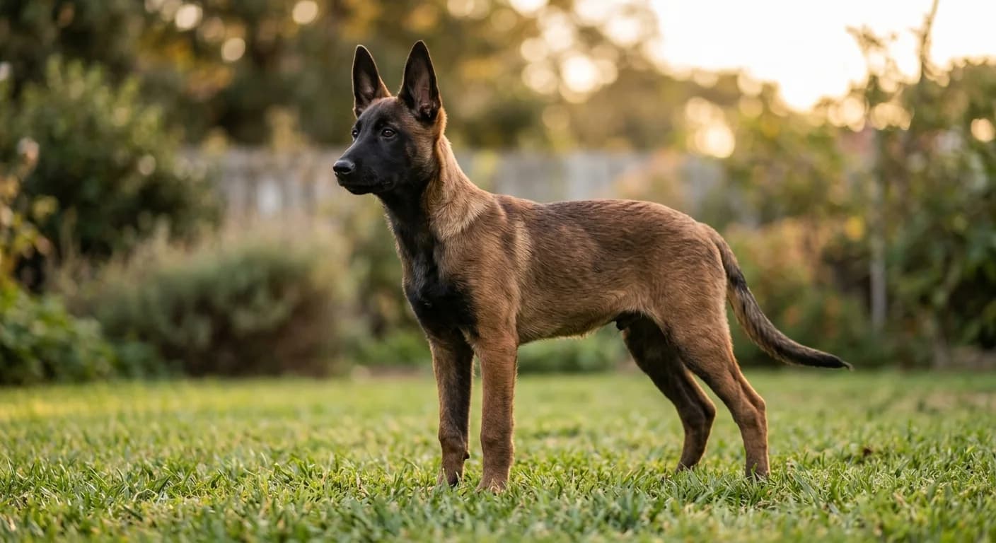 A 4-month-old Belgian Malinois puppy on grass showing growth-spurt proportions