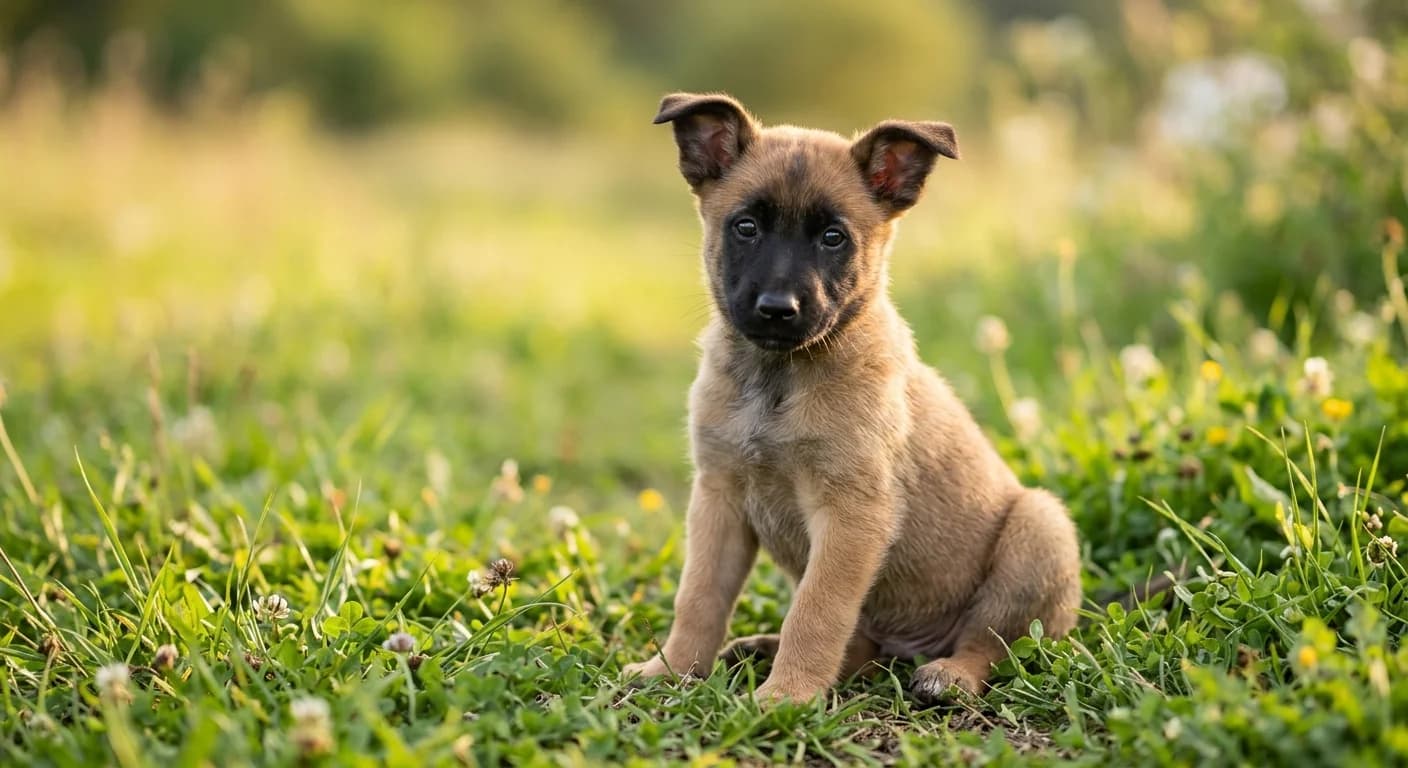 An 8-week-old Belgian Malinois puppy sitting on green grass
