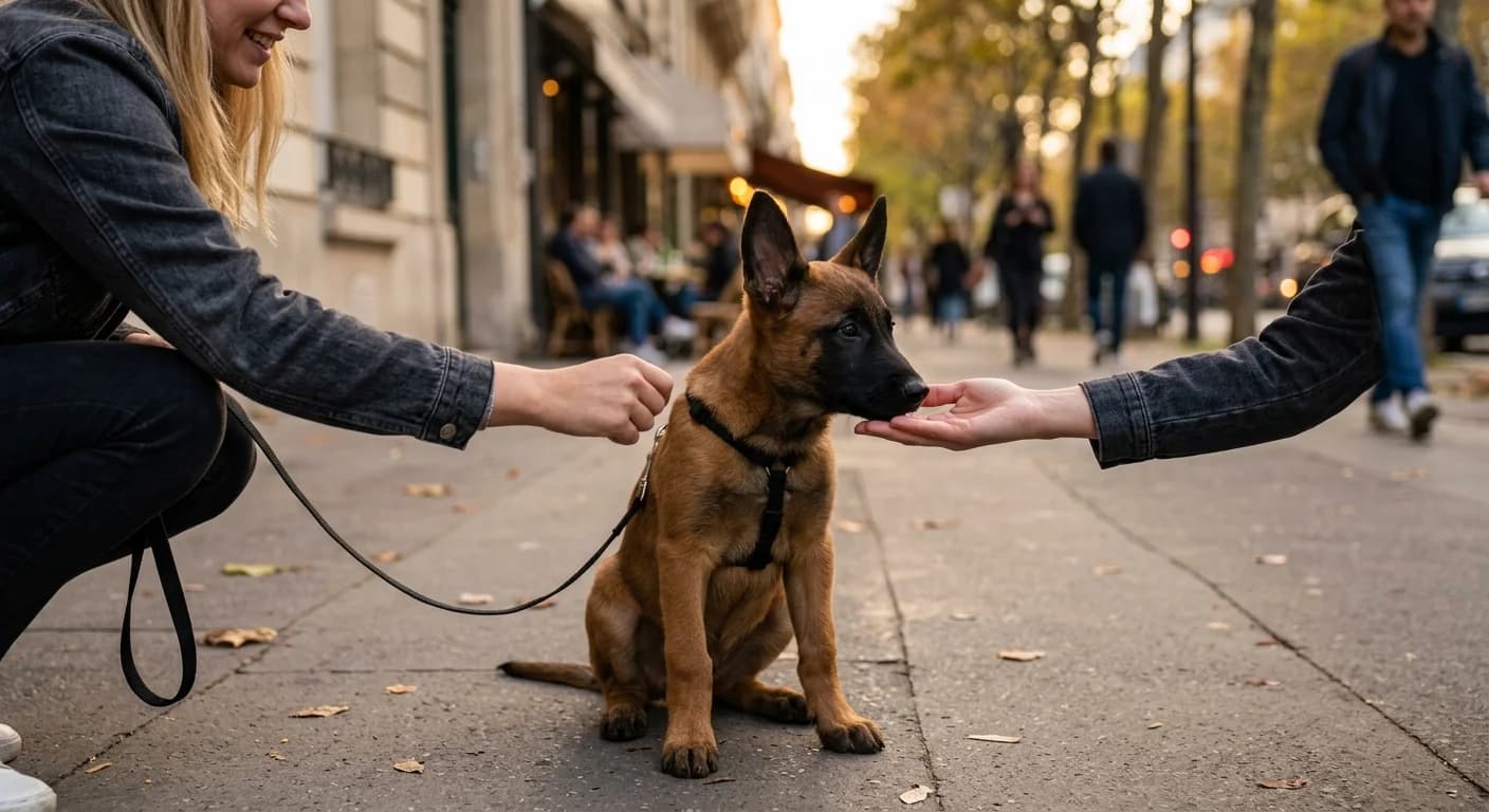 A young Belgian Malinois puppy meeting a stranger on a city sidewalk