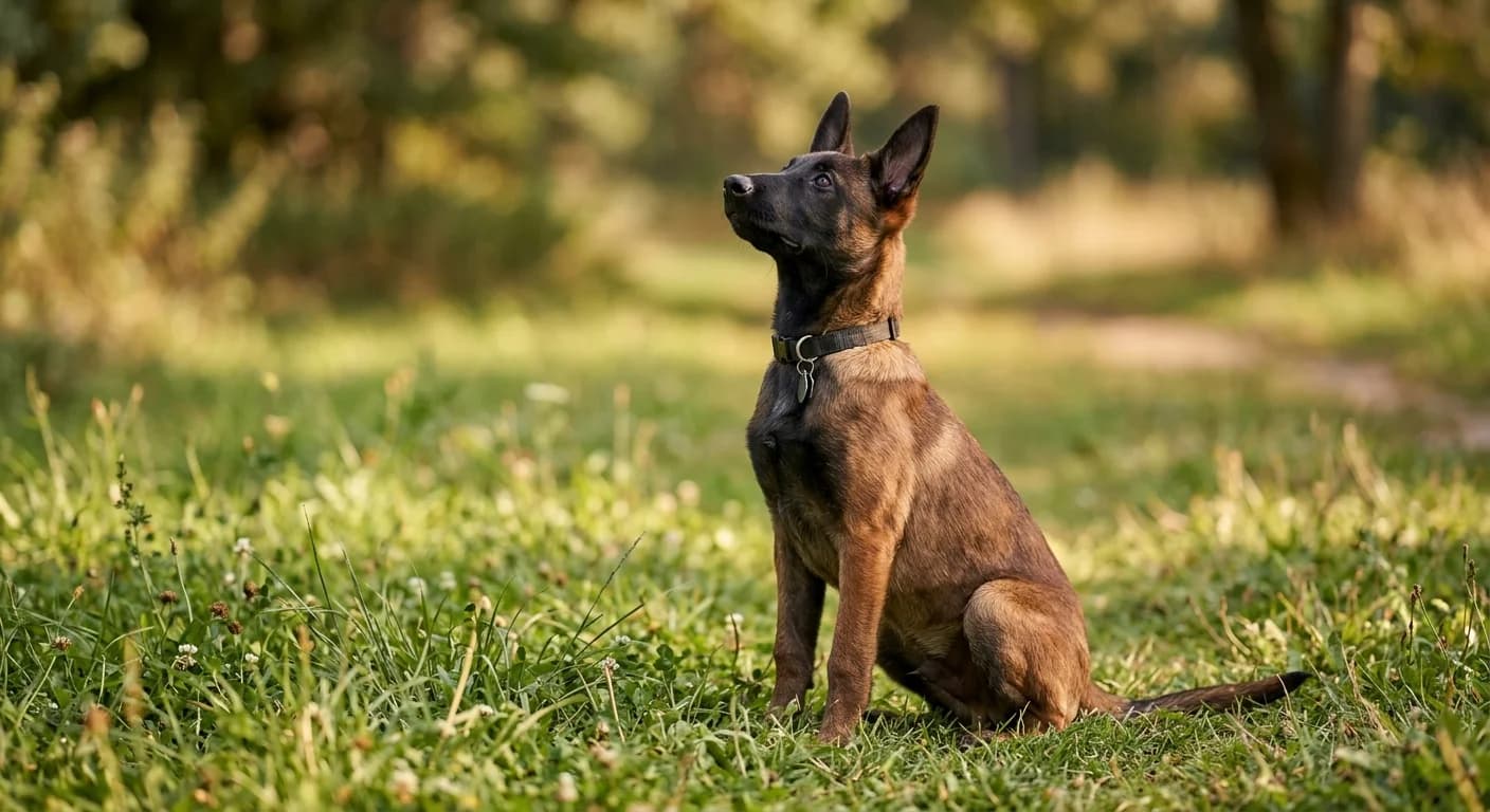 A 6-month-old Belgian Malinois puppy in a sit-stay during obedience training
