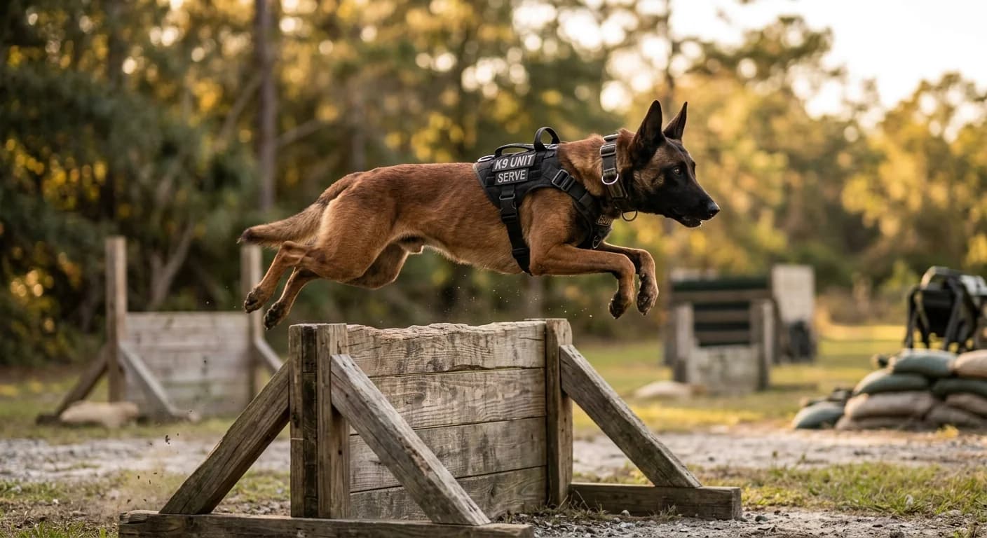 A Belgian Malinois mid-leap over a tall obstacle during K9 agility training