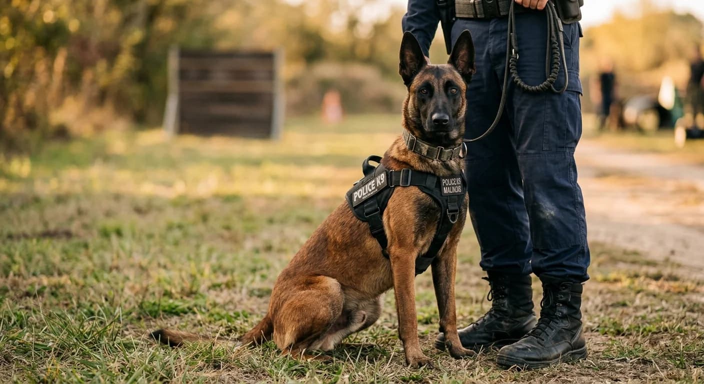A Belgian Malinois at heel beside a tactical handler on a training field